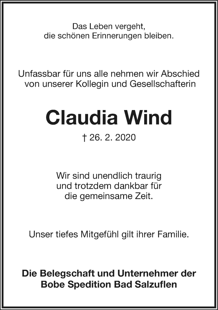 Traueranzeige für Claudia Wind vom 07.03.2020 aus Lippische Landes-Zeitung