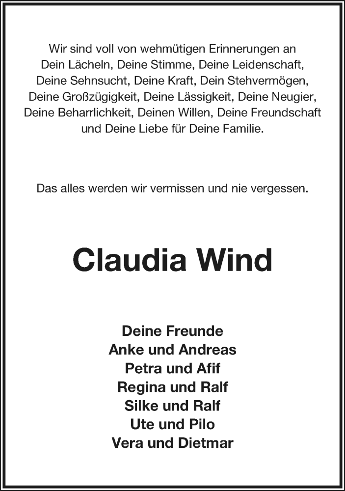  Traueranzeige für Claudia Wind vom 07.03.2020 aus Lippische Landes-Zeitung