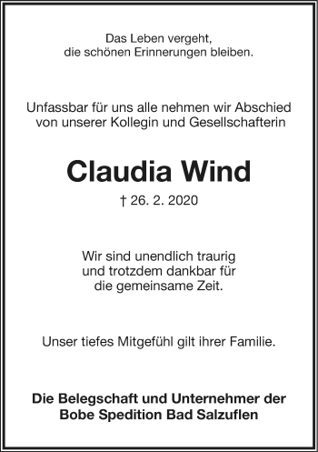 Anzeige  Claudia Wind  Lippische Landes-Zeitung