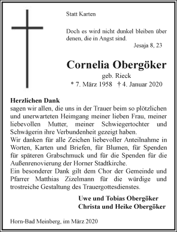 Anzeige  Cornelia Obergöker  Lippische Landes-Zeitung