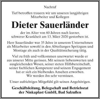 Anzeige  Dieter Sauerländer  Lippische Landes-Zeitung