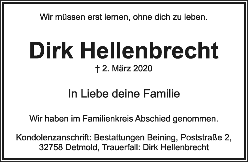 Traueranzeige für Dirk Hellenbrecht vom 07.03.2020 aus Lippische Landes-Zeitung