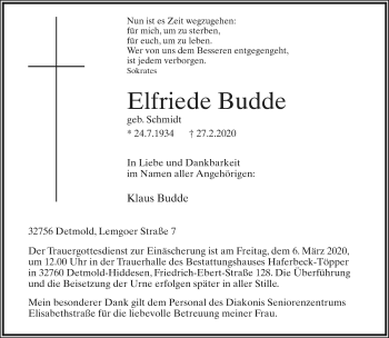 Anzeige  Elfriede Budde  Lippische Landes-Zeitung