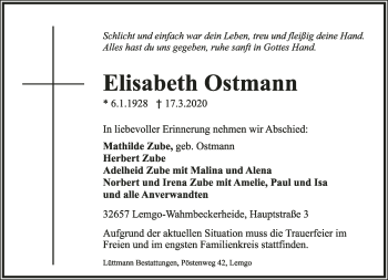 Anzeige  Elisabeth Ostmann  Lippische Landes-Zeitung