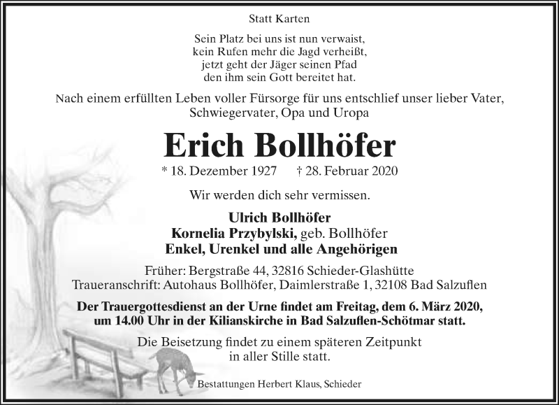  Traueranzeige für Erich Bollhöfer vom 04.03.2020 aus Lippische Landes-Zeitung