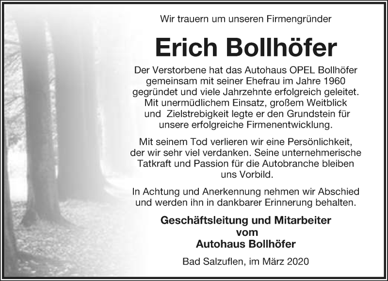  Traueranzeige für Erich Bollhöfer vom 04.03.2020 aus Lippische Landes-Zeitung