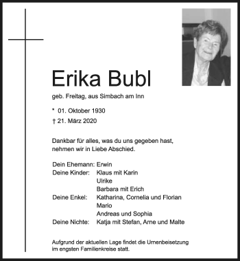 Anzeige  Erika Bubl  Lippische Landes-Zeitung