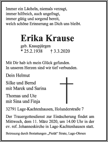 Anzeige  Erika Krause  Lippische Landes-Zeitung
