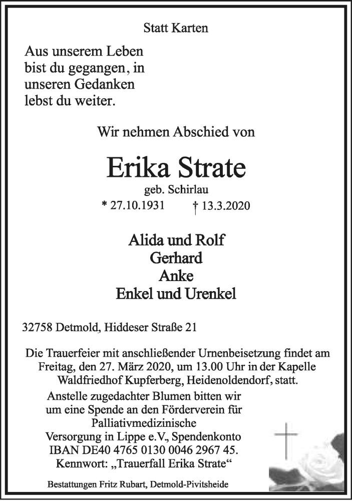  Traueranzeige für Erika Strate vom 21.03.2020 aus Lippische Landes-Zeitung