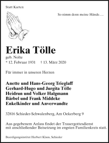 Anzeige  Erika Tölle  Lippische Landes-Zeitung