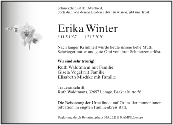 Anzeige  Erika Winter  Lippische Landes-Zeitung
