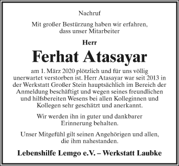 Anzeige  Ferhat Atasayar  Lippische Landes-Zeitung