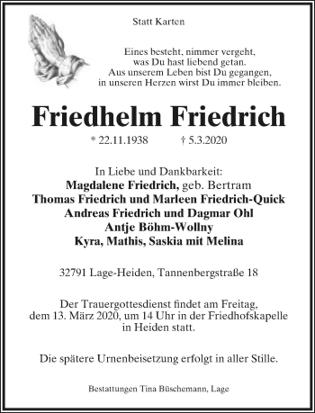 Anzeige  Friedhelm Friedrich  Lippische Landes-Zeitung