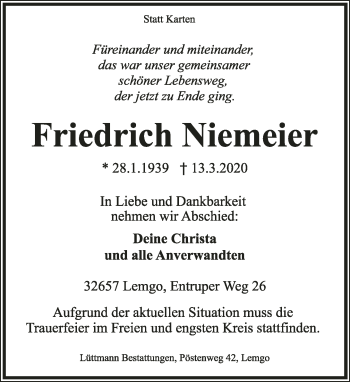 Anzeige  Friedrich Niemeier  Lippische Landes-Zeitung