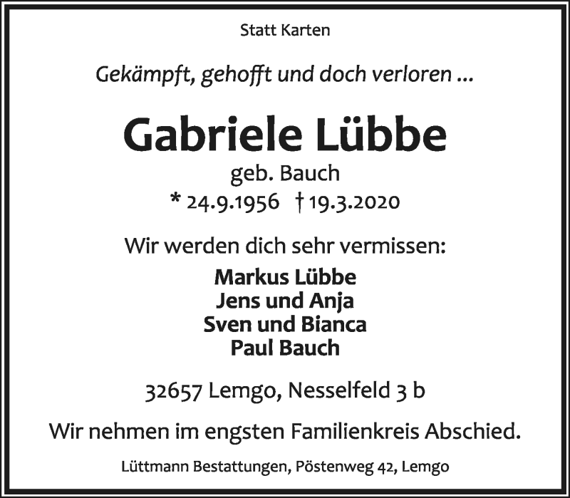  Traueranzeige für Gabriele Lübbe vom 21.03.2020 aus Lippische Landes-Zeitung