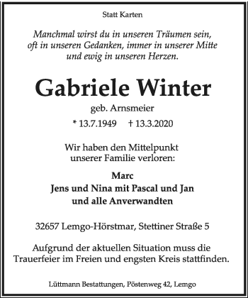 Anzeige  Gabriele Winter  Lippische Landes-Zeitung