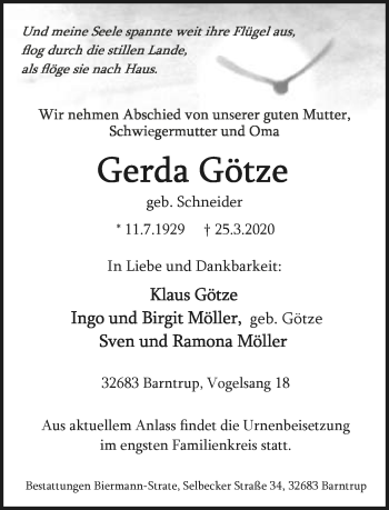 Anzeige  Gerda Götze  Lippische Landes-Zeitung