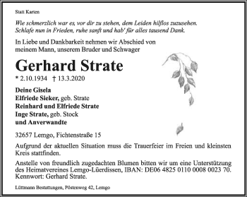 Anzeige  Gerhard Strate  Lippische Landes-Zeitung