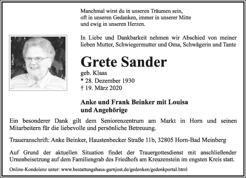  Traueranzeige für Grete Sander vom 21.03.2020 aus Lippische Landes-Zeitung
