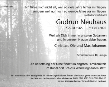 Anzeige  Gudrun Neuhaus  Lippische Landes-Zeitung