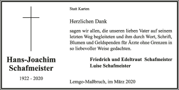 Anzeige  Hans-Joachim Schafmeister  Lippische Landes-Zeitung