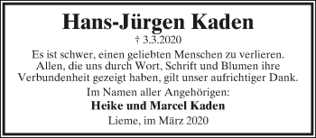 Anzeige  Hans-Jürgen Kaden  Lippische Landes-Zeitung