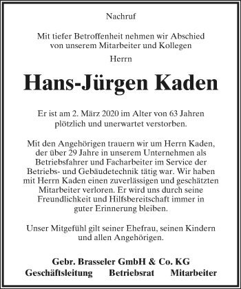 Anzeige  Hans-Jürgen Kaden  Lippische Landes-Zeitung