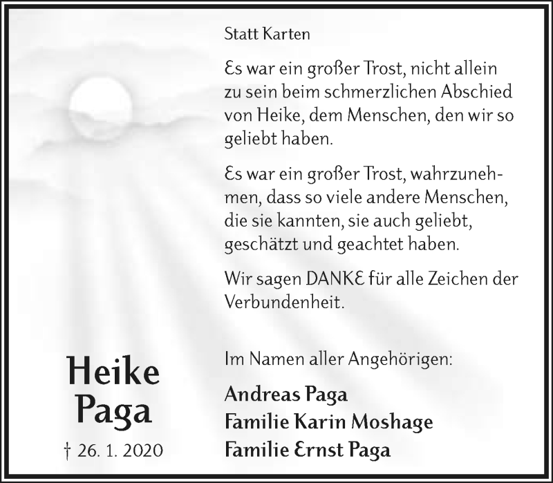  Traueranzeige für Heike Paga vom 14.03.2020 aus Lippische Landes-Zeitung