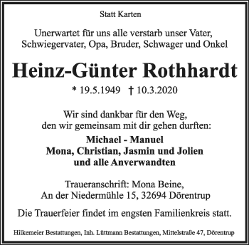 Anzeige  Heinz-Günter Rothhardt  Lippische Landes-Zeitung