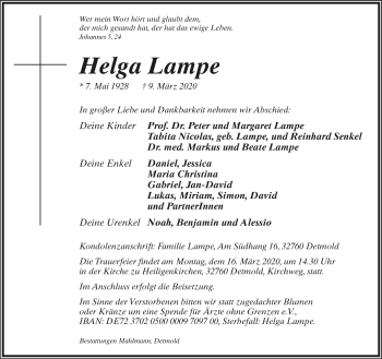 Anzeige  Helga Lampe  Lippische Landes-Zeitung