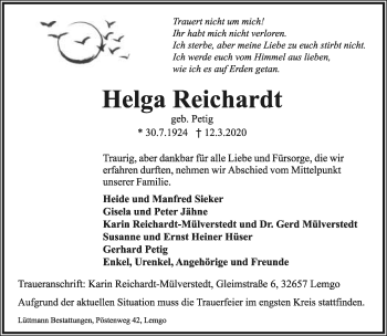 Anzeige  Helga Reichardt  Lippische Landes-Zeitung