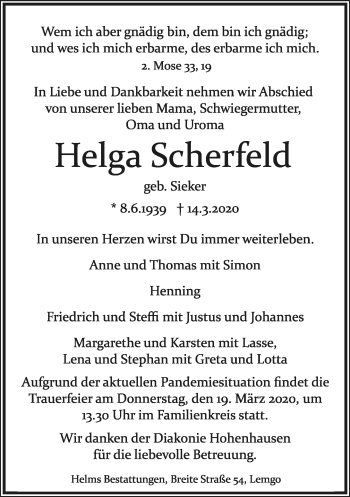 Anzeige  Helga Scherfeld  Lippische Landes-Zeitung