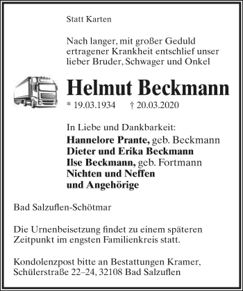 Anzeige  Helmut Beckmann  Lippische Landes-Zeitung
