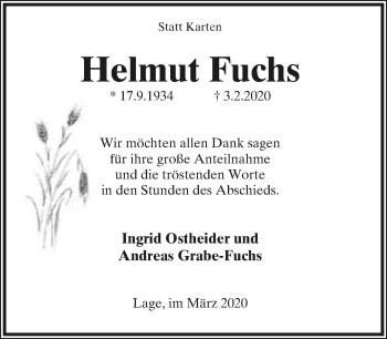 Anzeige  Helmut Fuchs  Lippische Landes-Zeitung