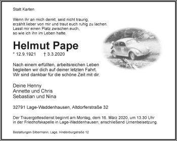 Anzeige  Helmut Pape  Lippische Landes-Zeitung