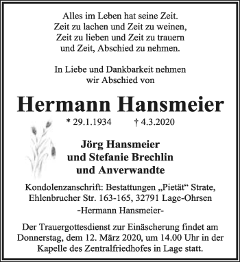 Anzeige  Hermann Hansmeier  Lippische Landes-Zeitung