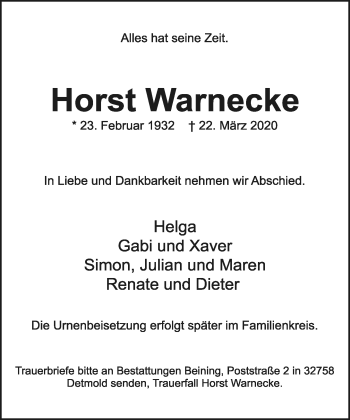 Anzeige  Horst Warnecke  Lippische Landes-Zeitung