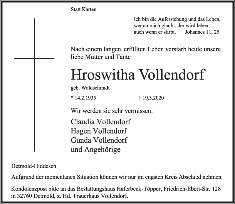  Traueranzeige für Hroswitha Vollendorf vom 21.03.2020 aus Lippische Landes-Zeitung