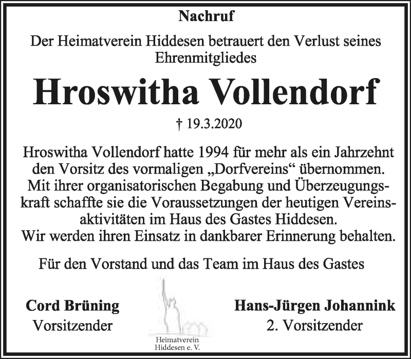  Traueranzeige für Hroswitha Vollendorf vom 28.03.2020 aus Lippische Landes-Zeitung