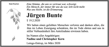 Anzeige  Jürgen Bunte  Lippische Landes-Zeitung