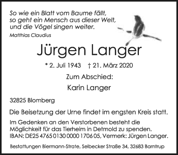 Anzeige  Jürgen Langer  Lippische Landes-Zeitung