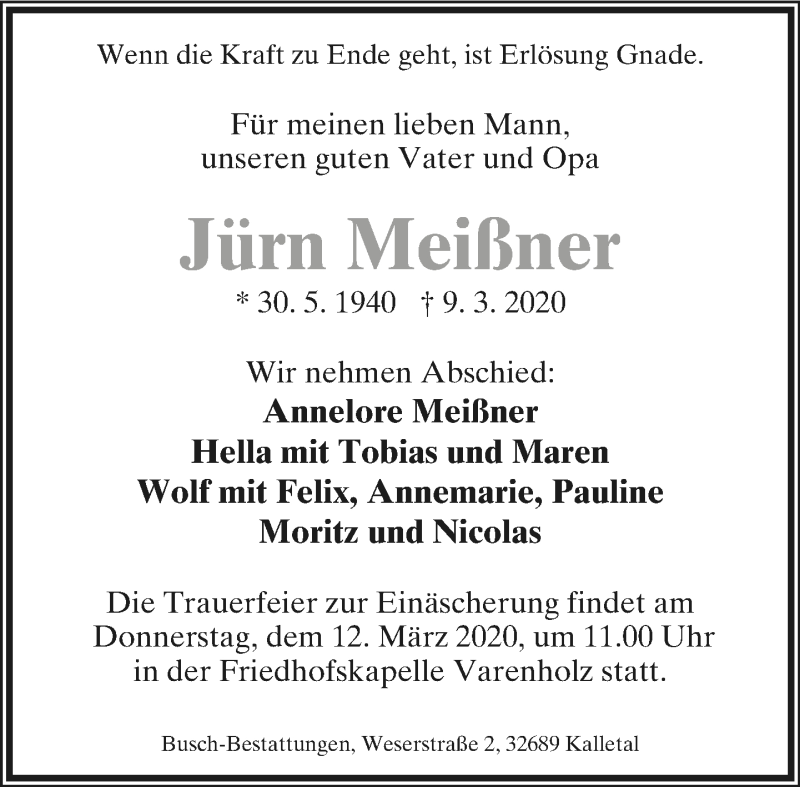  Traueranzeige für Jürn Meißner vom 10.03.2020 aus Lippische Landes-Zeitung