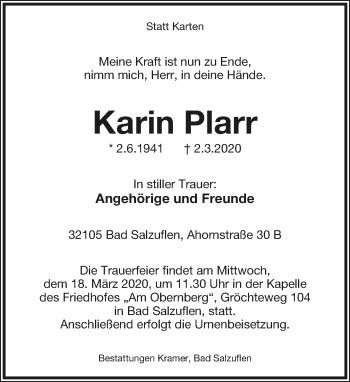Anzeige  Karin Plarr  Lippische Landes-Zeitung