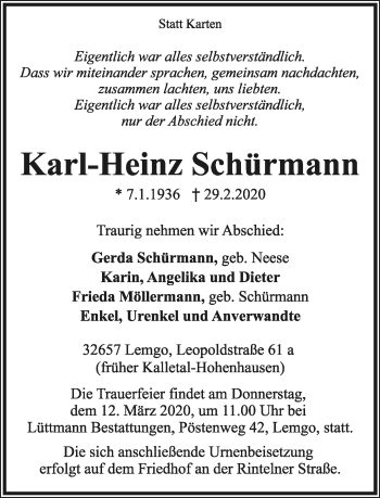 Anzeige  Karl-Heinz Schürmann  Lippische Landes-Zeitung