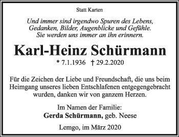 Anzeige  Karl-Heinz Schürmann  Lippische Landes-Zeitung