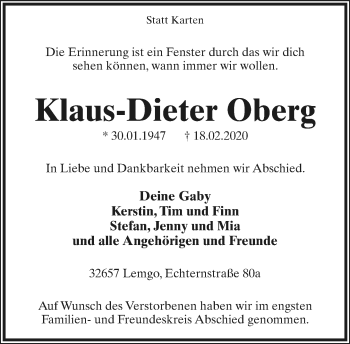 Anzeige  Klaus-Dieter Oberg  Lippische Landes-Zeitung