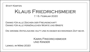 Anzeige  Klaus Friedrichsmeier  Lippische Landes-Zeitung