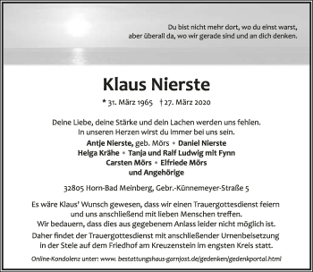 Anzeige  Klaus Nierste  Lippische Landes-Zeitung