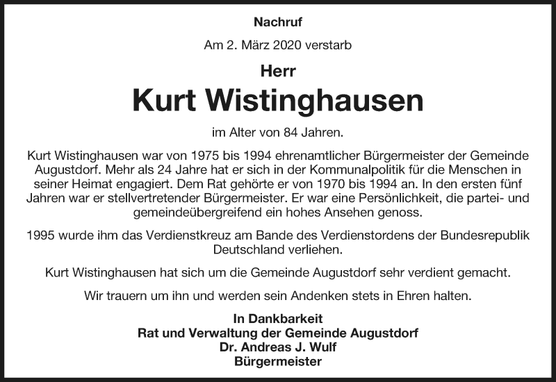  Traueranzeige für Kurt Wistinghausen vom 07.03.2020 aus Lippische Landes-Zeitung