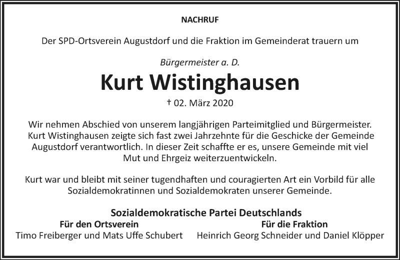  Traueranzeige für Kurt Wistinghausen vom 07.03.2020 aus Lippische Landes-Zeitung